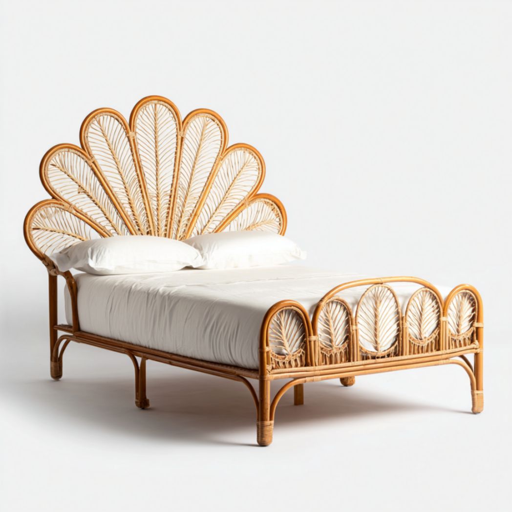 Cadre de Lit Double 180x200 cm en Rotin et Acajou avec Tête de Lit Motif Plumes de Paon-Woodworkft