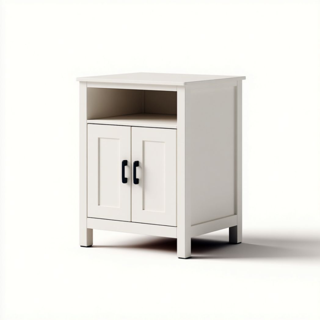 Table de Chevet Blanche en Bois de Pin avec Compartiment Ouvert et Double Porte de Rangement-Woodworkft