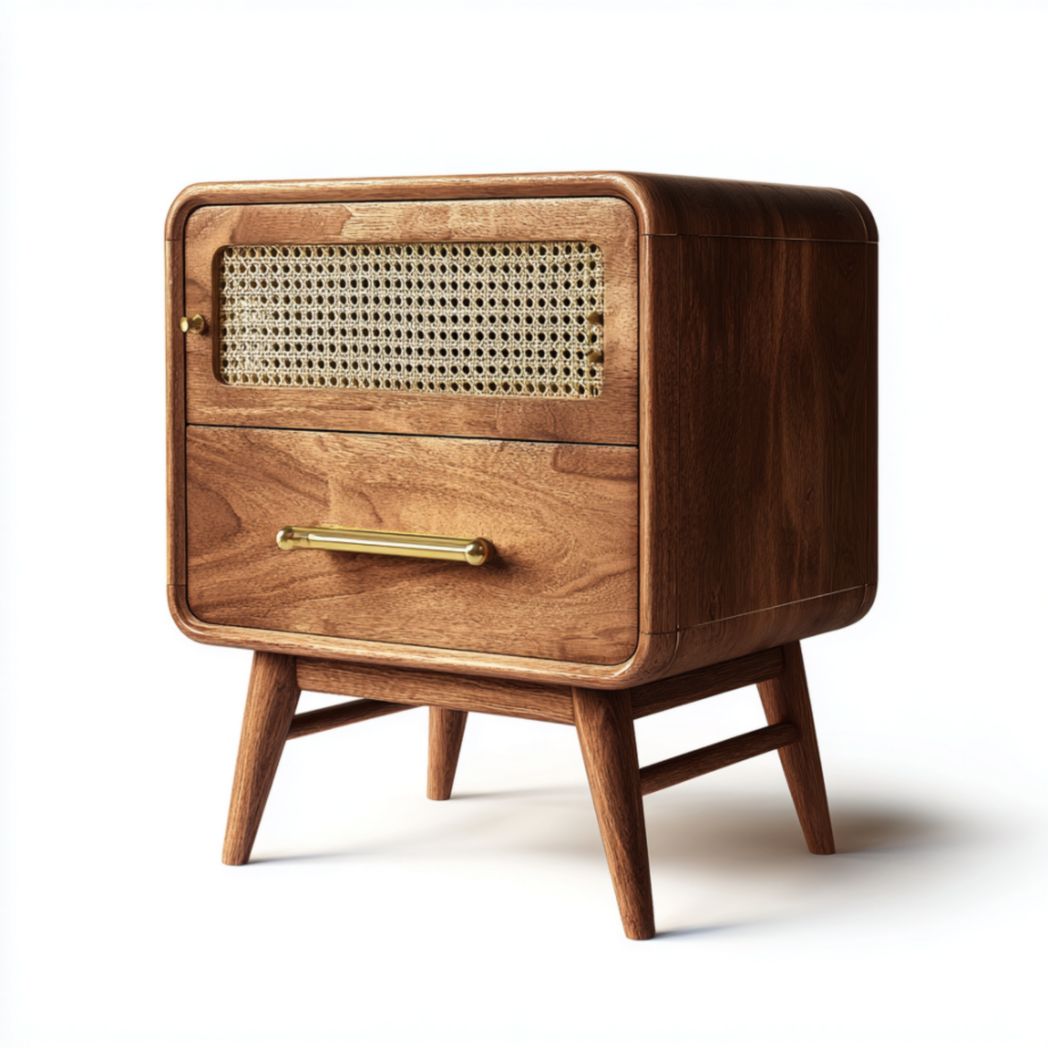 Table de Chevet en Bois de Noyer avec 1 Tiroir et 1 Porte en Canage de Rotin - Marron-Woodworkft