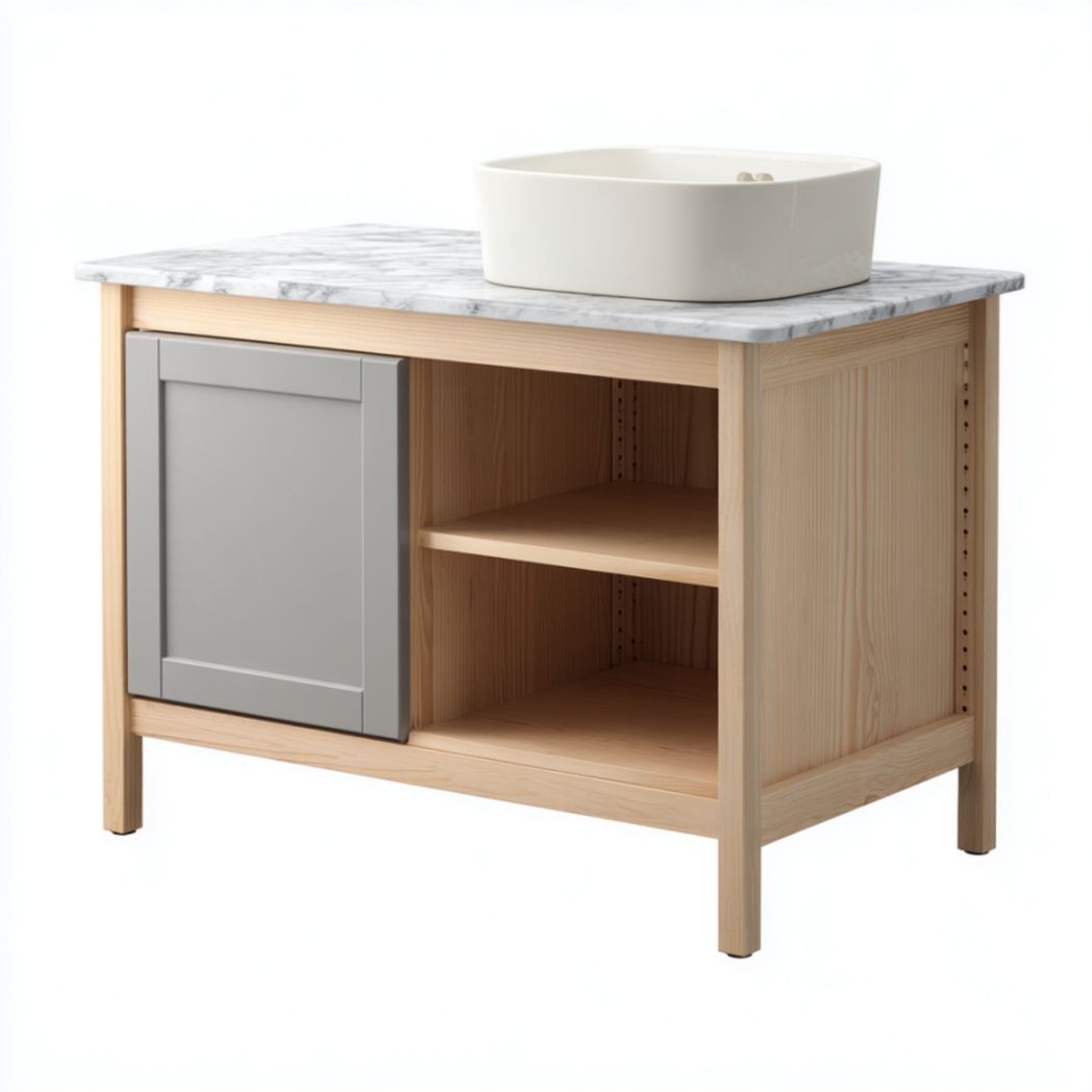 Meuble de Salle de Bain en Bois de Pin avec 1 Porte, Étagères et Vasque en Céramique - Naturel et Gris-Woodworkft