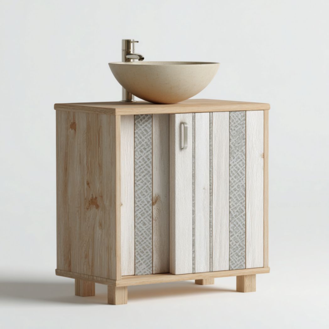 Meuble de Salle de Bain à 1 Porte Coulissante en Bois de Pin avec Vasque en Grès - Naturel-Woodworkft