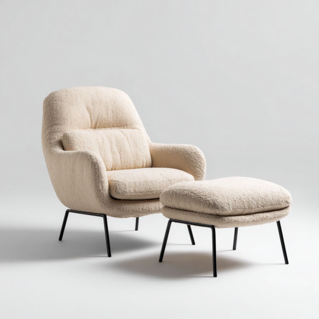 Fauteuil avec Repose-pieds en Tissu Bouclé et Pieds en Acier Noir-Woodworkft