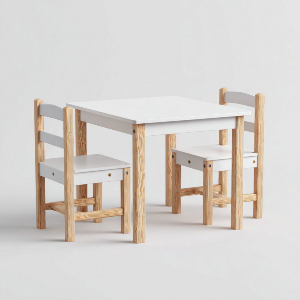 Ensemble de Table Carrée et 2 Chaises pour Enfant en Bois de Pin et de Peuplier Blanc et Naturel-Woodworkft