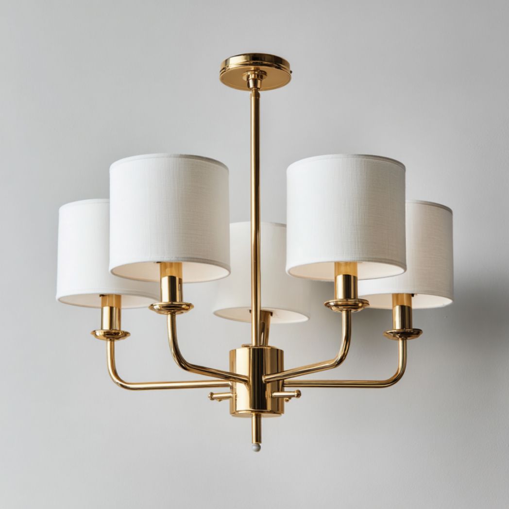 Lampe de plafond à 5 abat-jours blancs et structure en métal doré-Woodworkft