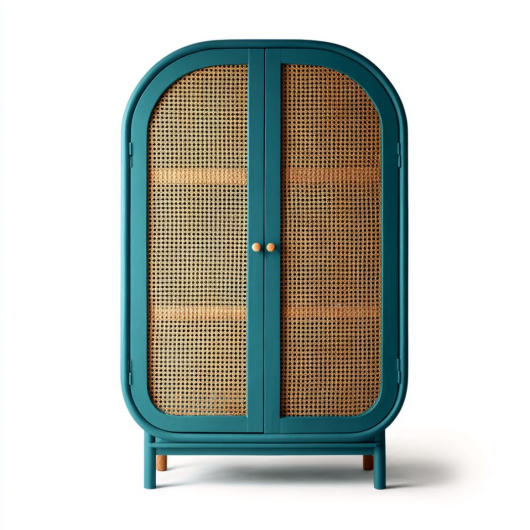 Armoire en bois avec portes en rotin et finition bleue-Woodworkft
