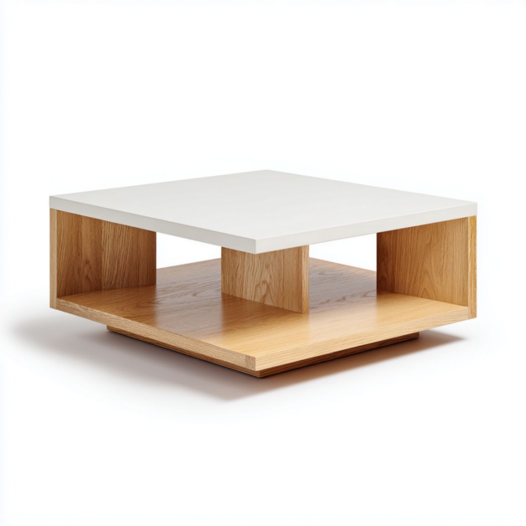 Table Basse Carrée à 2 Plateaux en Bois de Chêne et Blanc-Woodworkft
