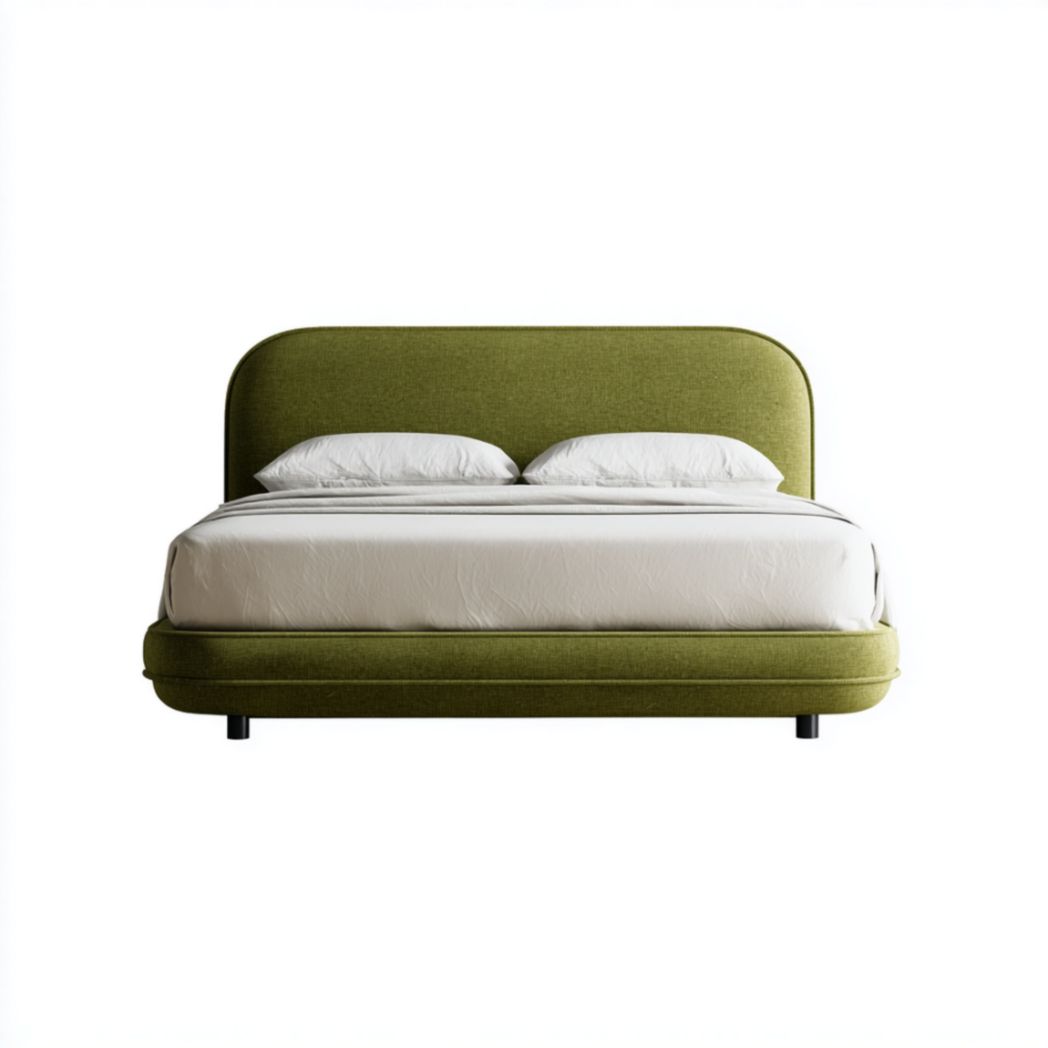 Cadre de Lit Double Rembourré en Tissu Vert Olive avec Bords Arrondis-Woodworkft