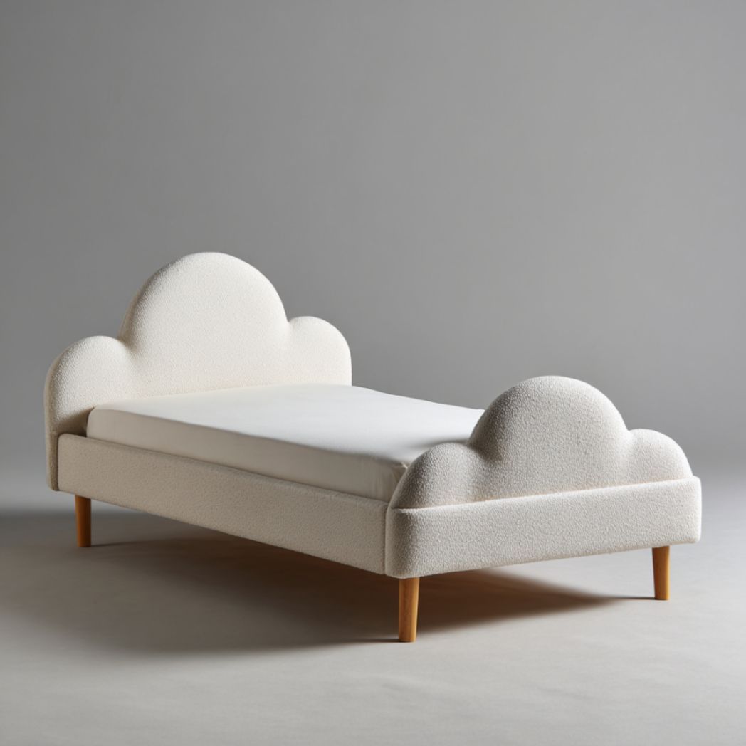 Lit Enfant en Tissu Bouclé Blanc avec Tête de Lit en Forme de Nuage-Artfurniturepn
