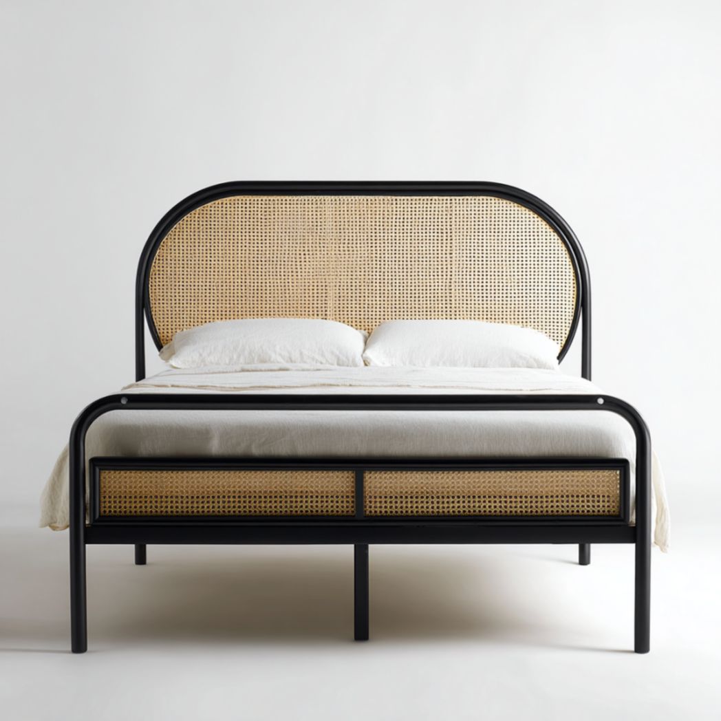 Cadre de Lit Double 160x200 cm en Acier Noir avec Tête de Lit et Pied de Lit en Cannage de Rotin-Artfurniturepn