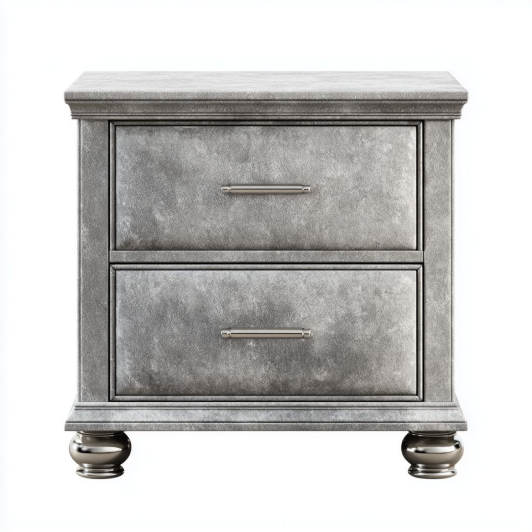 Table de Chevet en Bois de Pin Argenté avec 2 Tiroirs et Poignées en Acier Inoxydable-Artfurniturepn