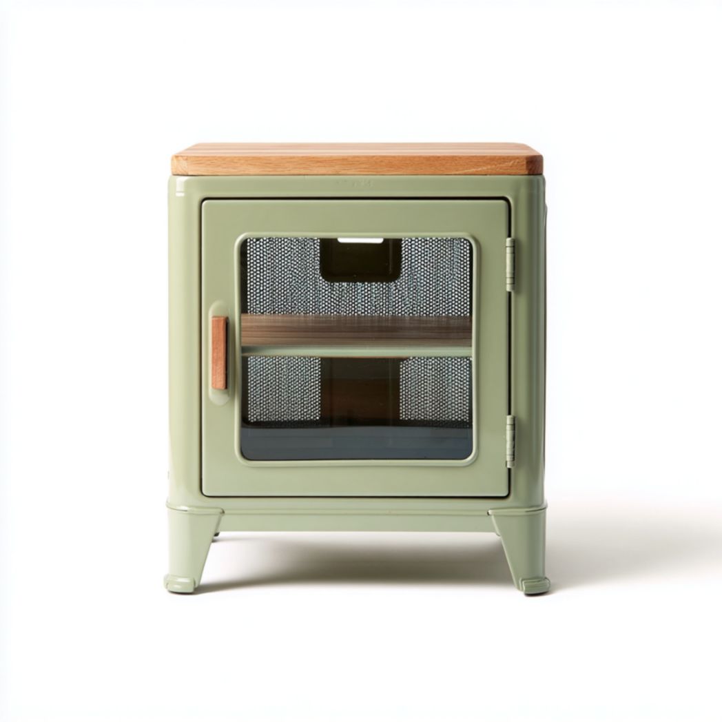 Table de Chevet en Acier avec Plateau en Bois d'Hévéa et Porte Vitrée - Vert Sauge-Artfurniturepn