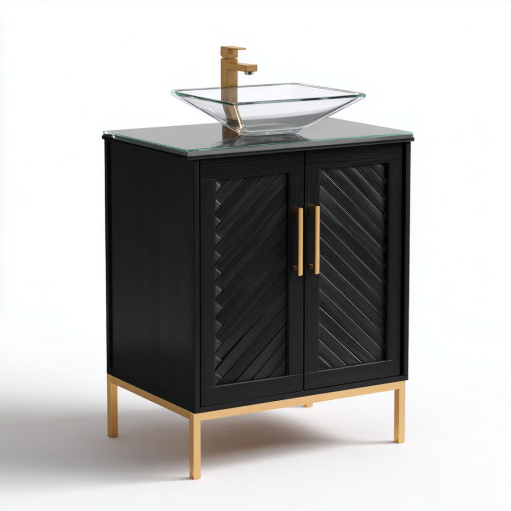 Meuble de Salle de Bain à 2 Portes en Bois de Frêne avec Plateau et Vasque en Verre Trempé - Noir et Doré-Artfurniturepn
