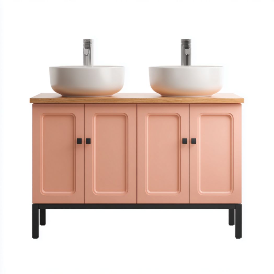 Meuble de Salle de Bain Double Vasque à 4 Portes en Bois de Bouleau et Acier - Rose-Artfurniturepn