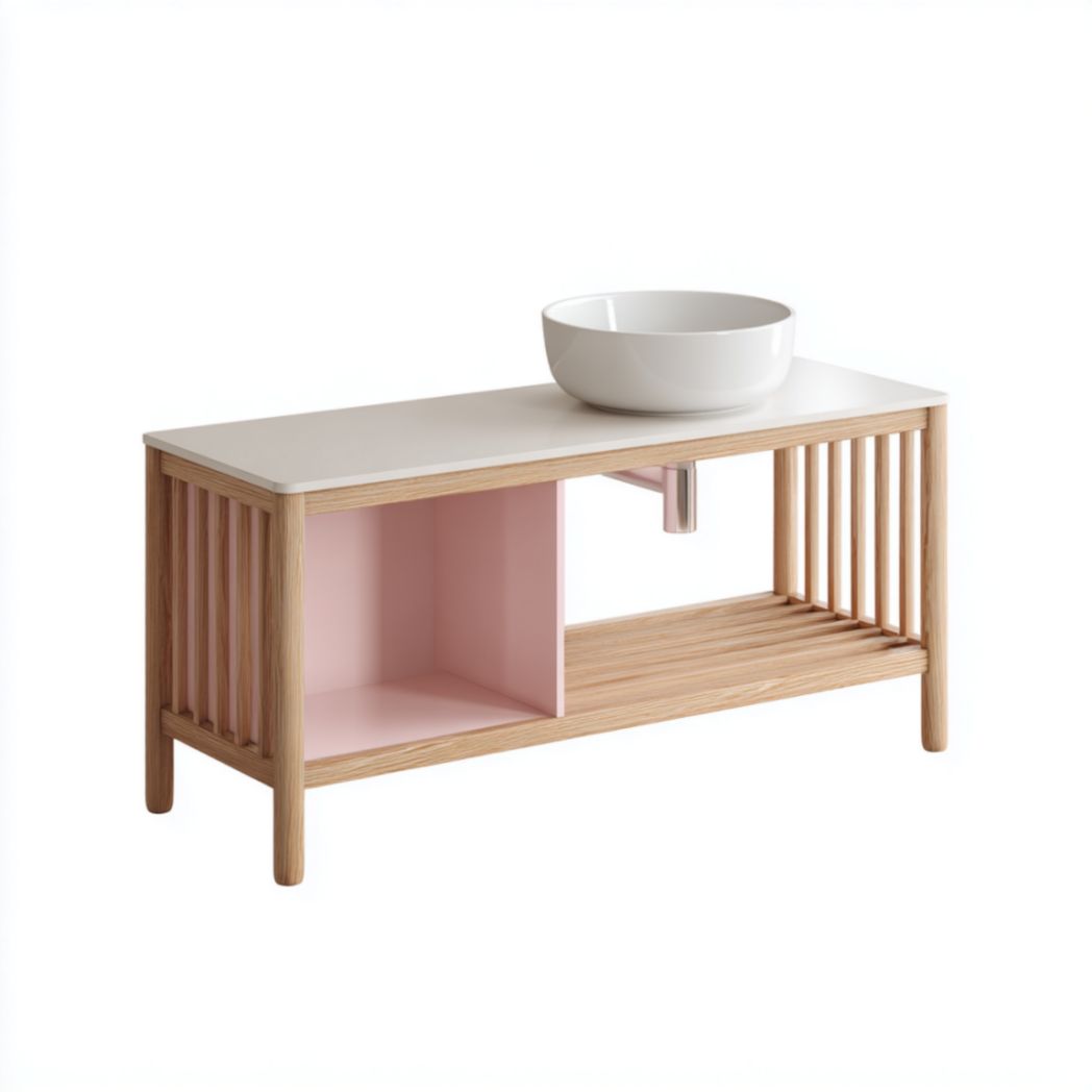 Meuble de Salle de Bain à Étagères Ouvertes en Bois de Chêne avec Vasque en Céramique - Naturel et Rose-Artfurniturepn
