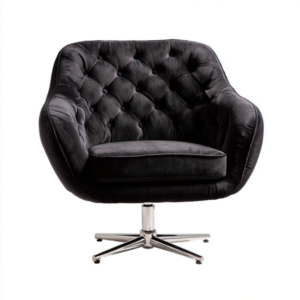 Fauteuil Pivotant Capitonnée en Tissu de Polyester à Texture Côtelée et Pied en Acier Chromé - Gris Foncé-Artfurniturepn