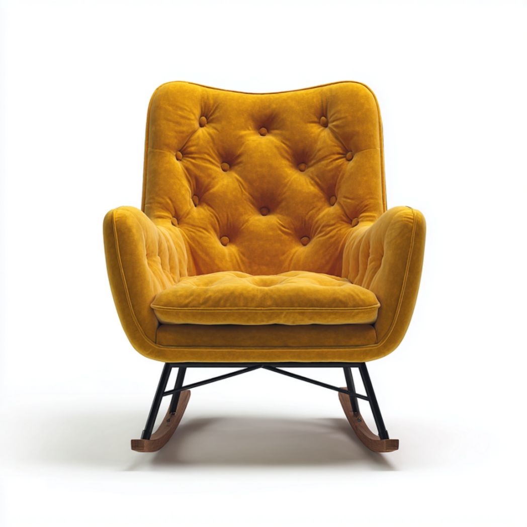 Fauteuil à Bascule en Tissu avec Dossier Capitonnée et Pieds en Métal et Bois de Frêne-Artfurniturepn