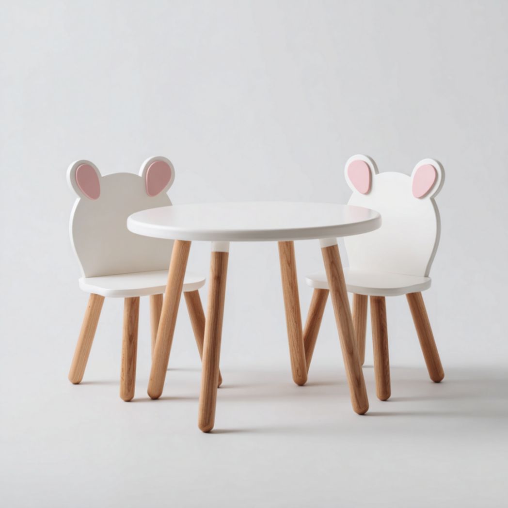 Ensemble de Table Ronde et 2 Chaises pour Enfant en Bois de Hêtre avec Dossier à Oreilles Rondes-Artfurniturepn