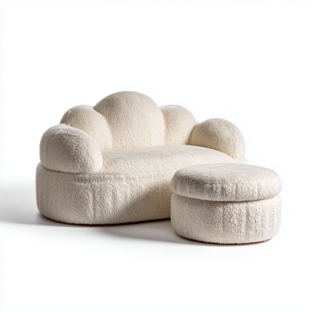 Canapé nuage avec pouf – Tissu doux, couleur blanc cassé-Artfurniturepn