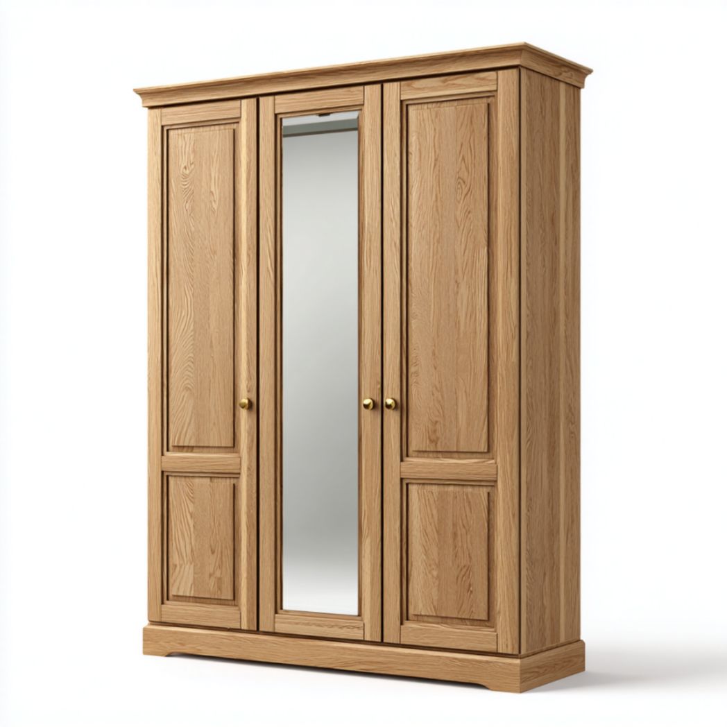 Armoire à 3 portes en bois avec miroir central et poignées en métal doré-Artfurniturepn
