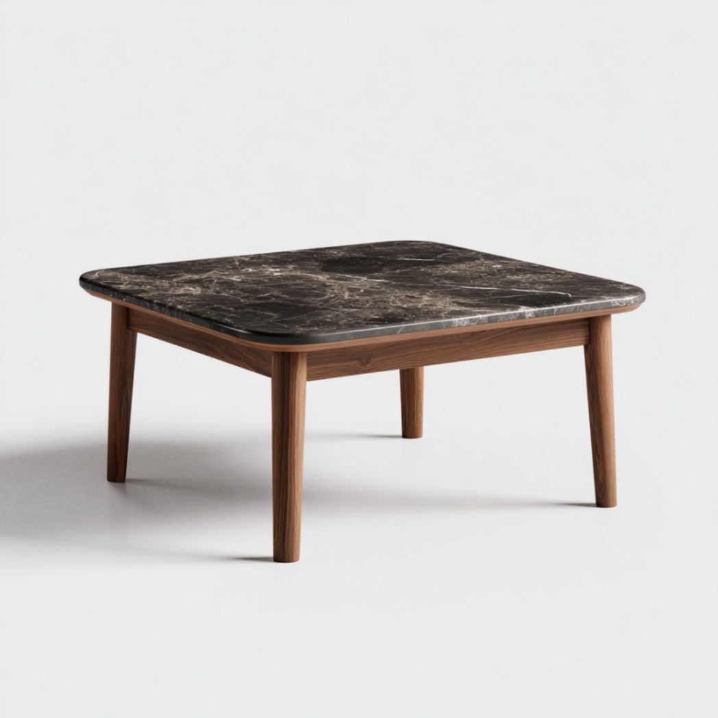 Table Basse Carrée en Noyer avec Plateau Effet Marbre Noir-Artfurniturepn