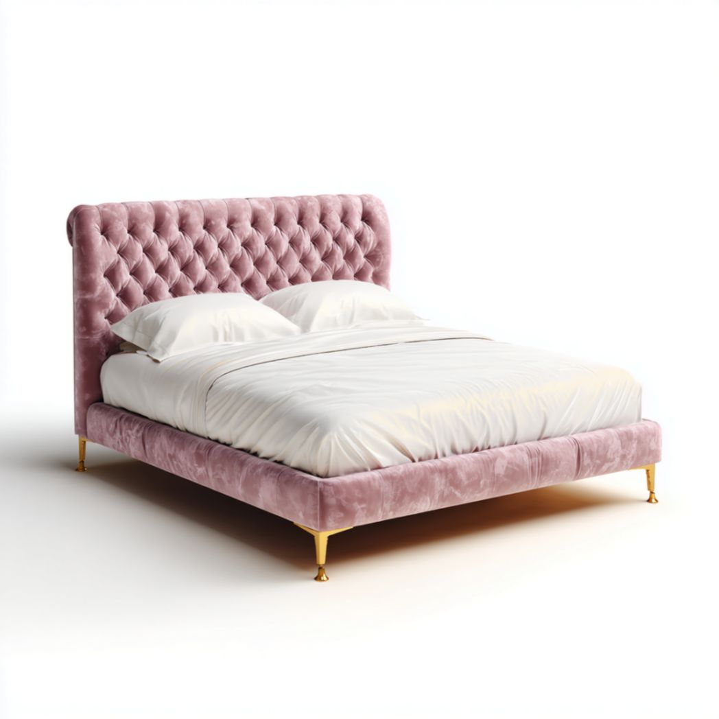 Lit Double Capitonné en Tissu Rose avec Pieds Dorés-Artfurniturepn
