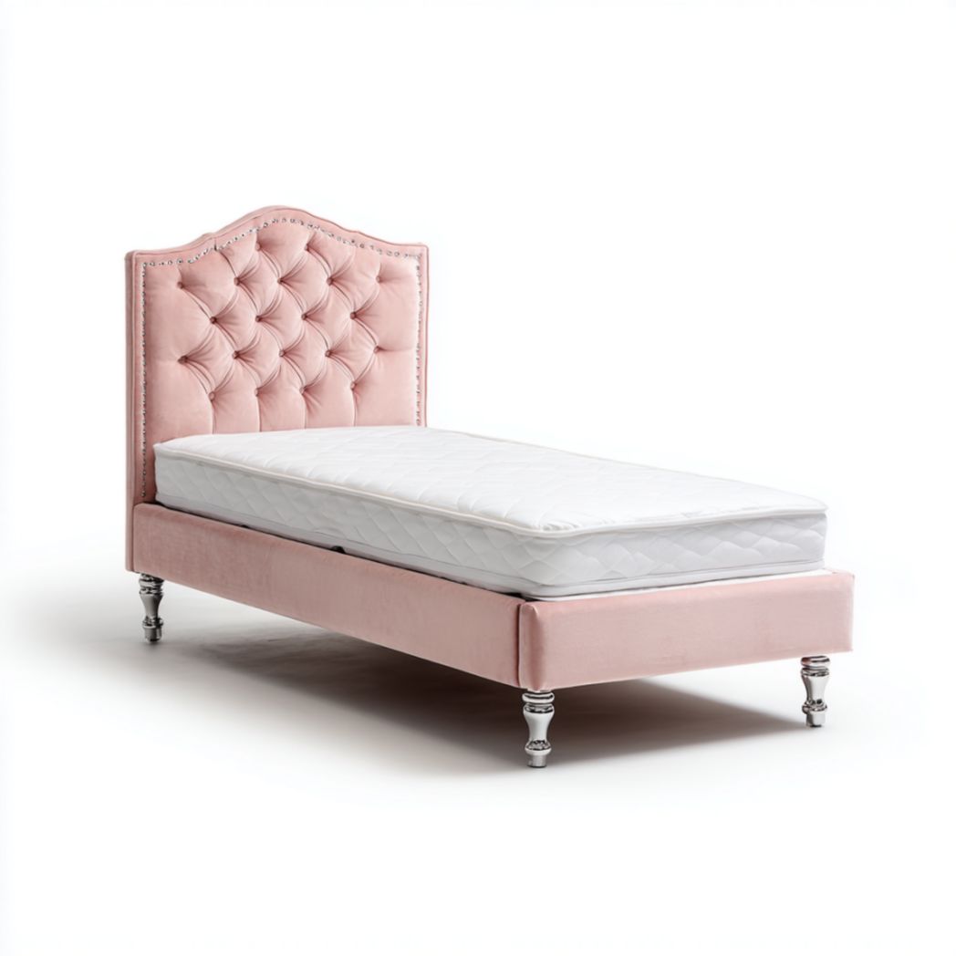 Lit Simple Rembourré en Tissu Rose avec Tête de Lit Captonnée et Clous-Thesandmanft