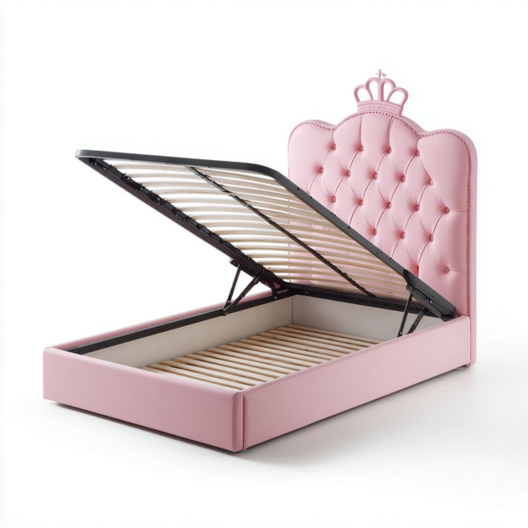 Lit Coffre Enfant en Tissu Rose avec Tête de Lit Couronne et Sommier Relevable-Thesandmanft