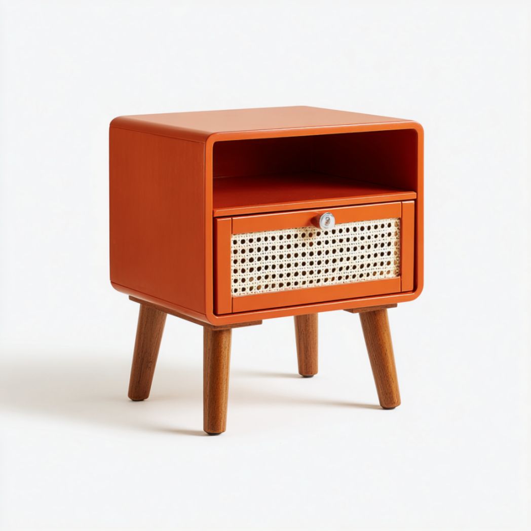 Table de Chevet Orange en Bois de Pin avec Tiroir en Cannage de Rotin et Compartiment Ouvert-Thesandmanft