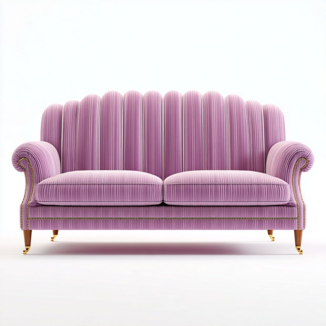 Canapé 3 places en tissu rayé violet avec clous décoratifs et pieds en bois-Thesandmanft