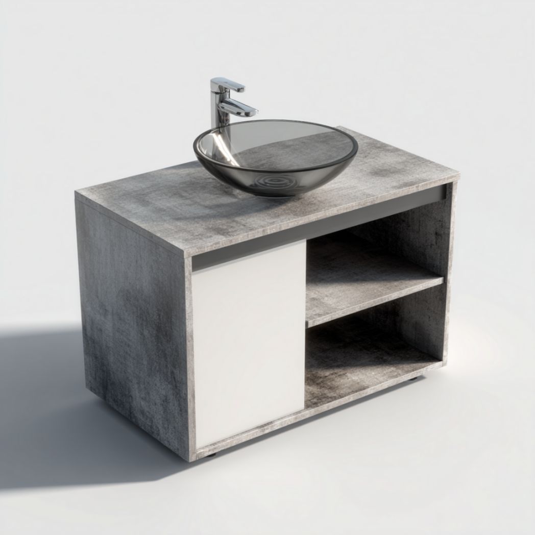 Meuble de Salle de Bain avec 1 Porte Coulissante, 2 Étagères et Vasque en Verre Trempé - Gris Effet Béton-Thesandmanft