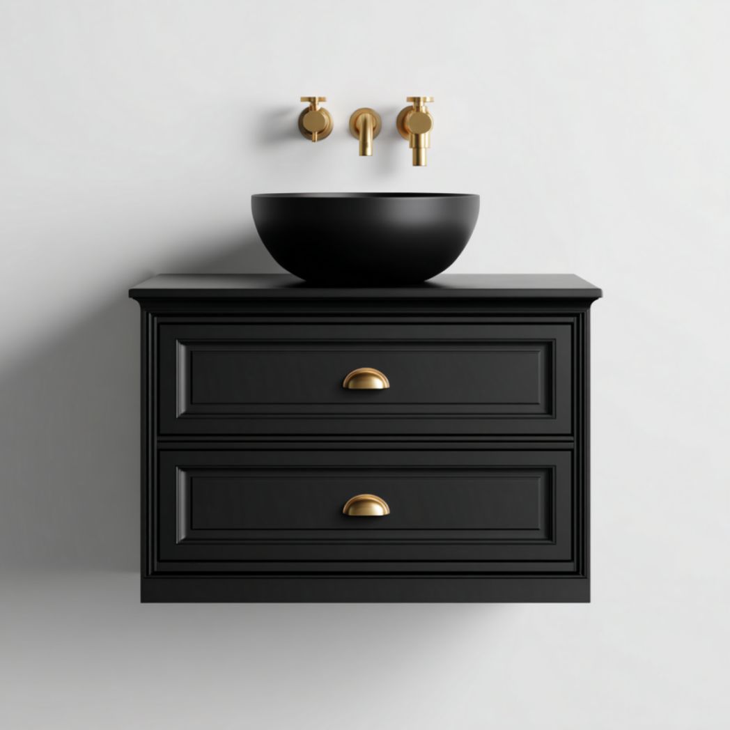 Meuble de Salle de Bain Suspendu à 2 Tiroirs en Bois de Bouleau avec Vasque en Céramique - Noir-Thesandmanft