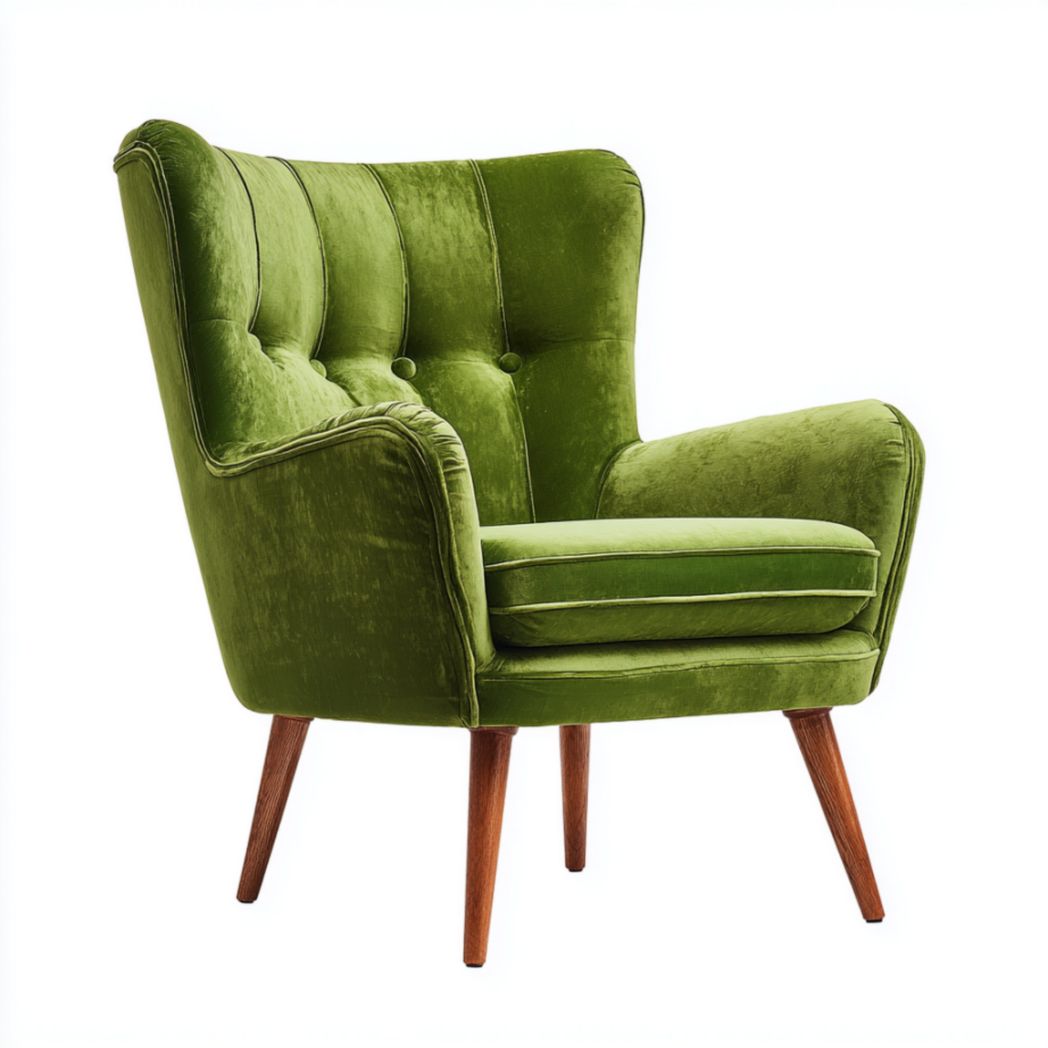 Fauteuil Wingback en Tissu avec Dossier Capitonnée et Pieds en Bois d'Hévéa-Thesandmanft