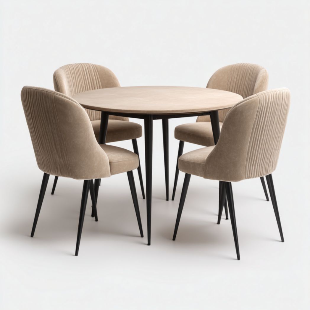 Table ronde avec chaises en velours – Plateau en bois et pieds en métal noir-Thesandmanft