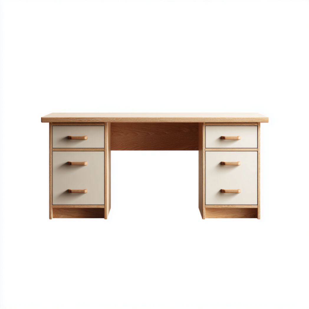 Bureau en Bois de Chêne et de Pin à 6 Tiroirs avec Poignées en Bois-Thesandmanft