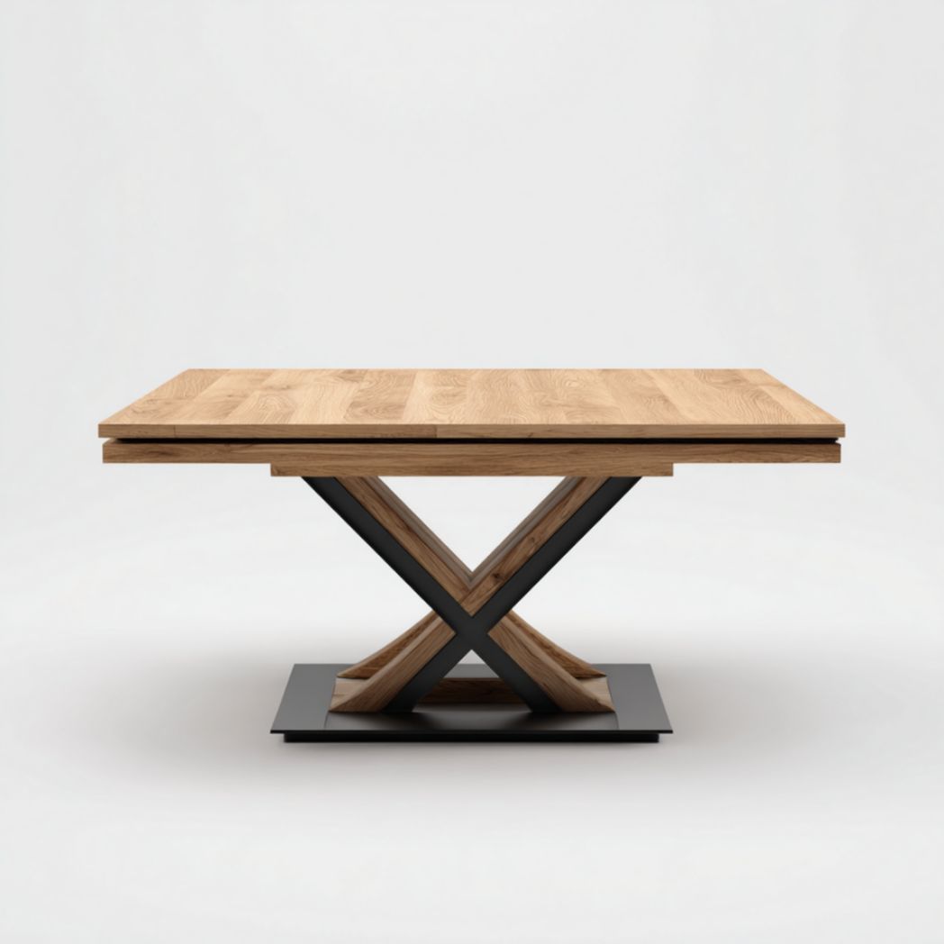 Table de Bureau en Bois de Chêne et Acier avec Piétement en X et Base Rectangulaire-Thesandmanft