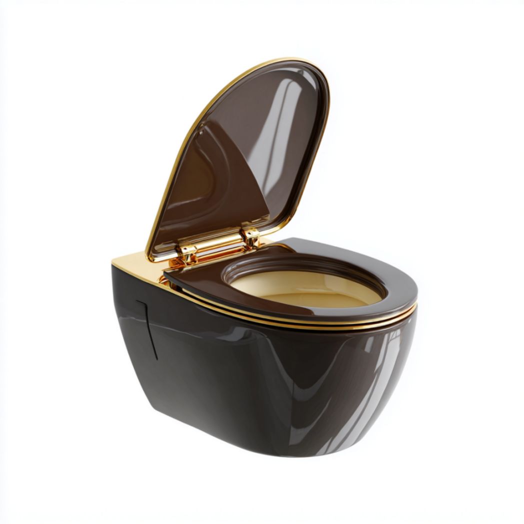 Cuvette de Toilette Suspendue en Céramique Marron Brillant avec Charnières en Laiton Doré-Thesandmanft