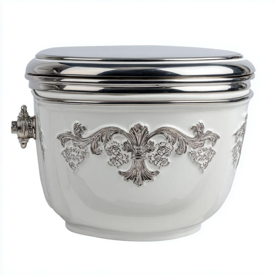 Cuvette de Toilette Suspendue en Céramique Blanche avec Ornements en Relief Argentés-Thesandmanft