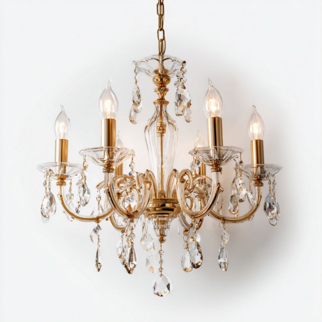 Suspension, design en métal doré avec pendentifs en cristal, 6 ampoules-Thesandmanft