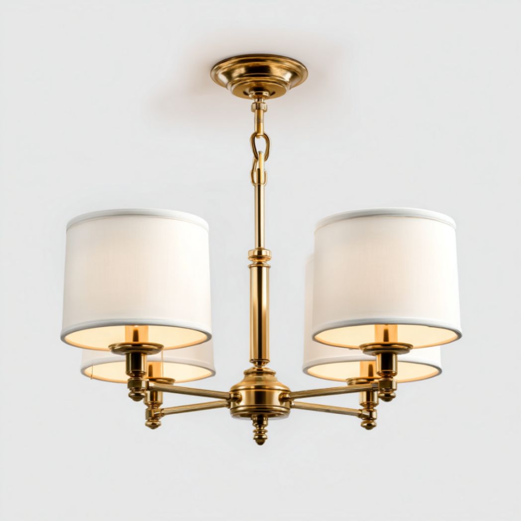 Suspension, design en métal doré avec abat-jour blanc, 4 ampoules-Thesandmanft