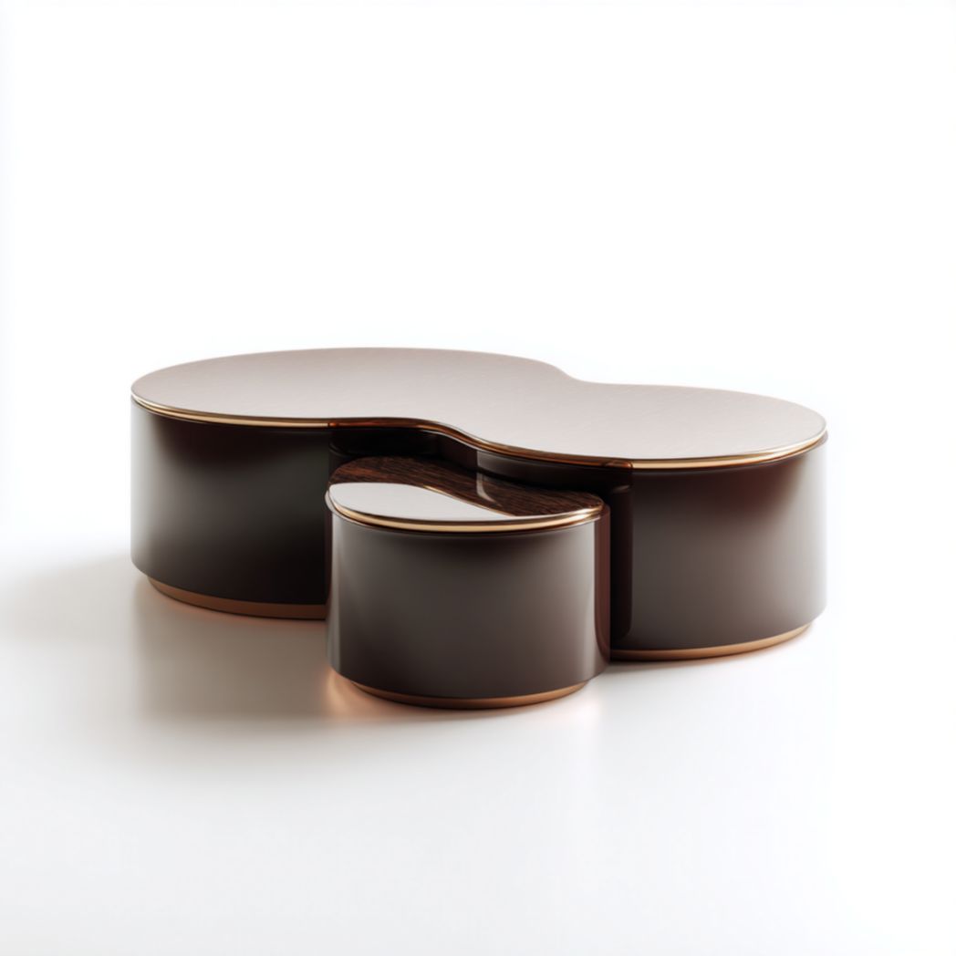 Lot de 2 Tables Basses Gigognes Cylindriques en Bois Laqué avec Bordure Métallique-Thesandmanft