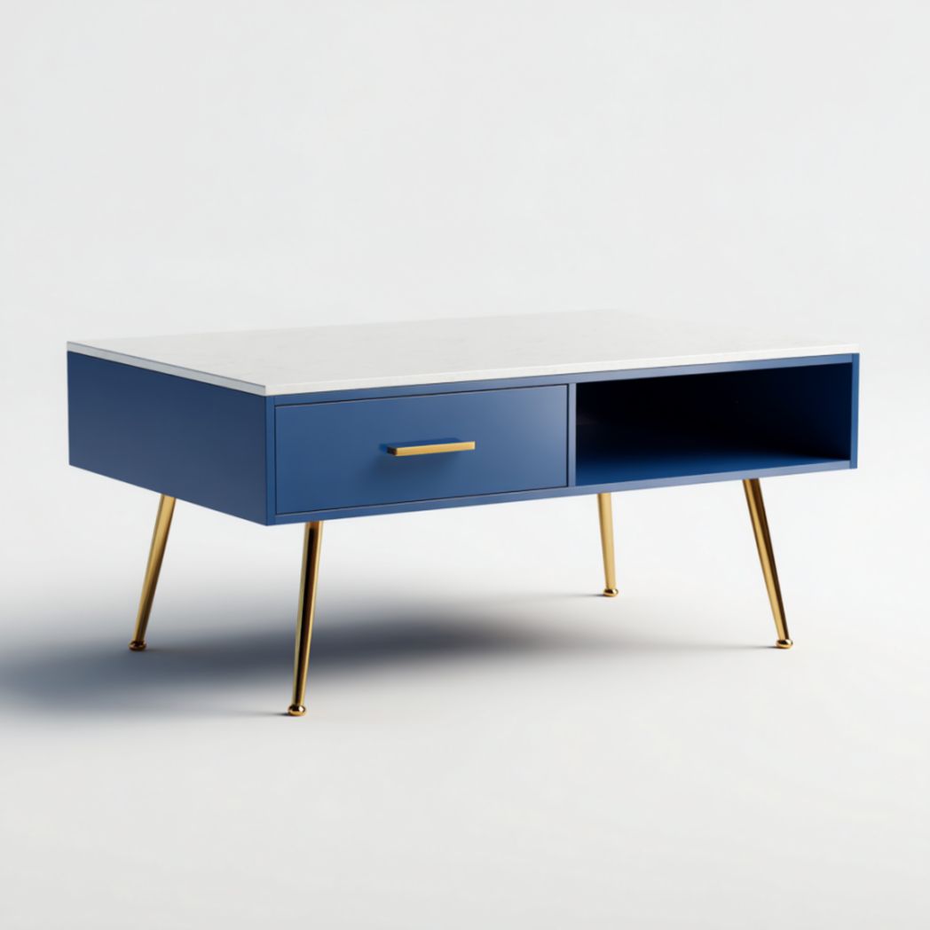 Table Basse Rectangulaire Bleue et Blanche avec 1 Tiroir et Pieds Dorés-Thesandmanft