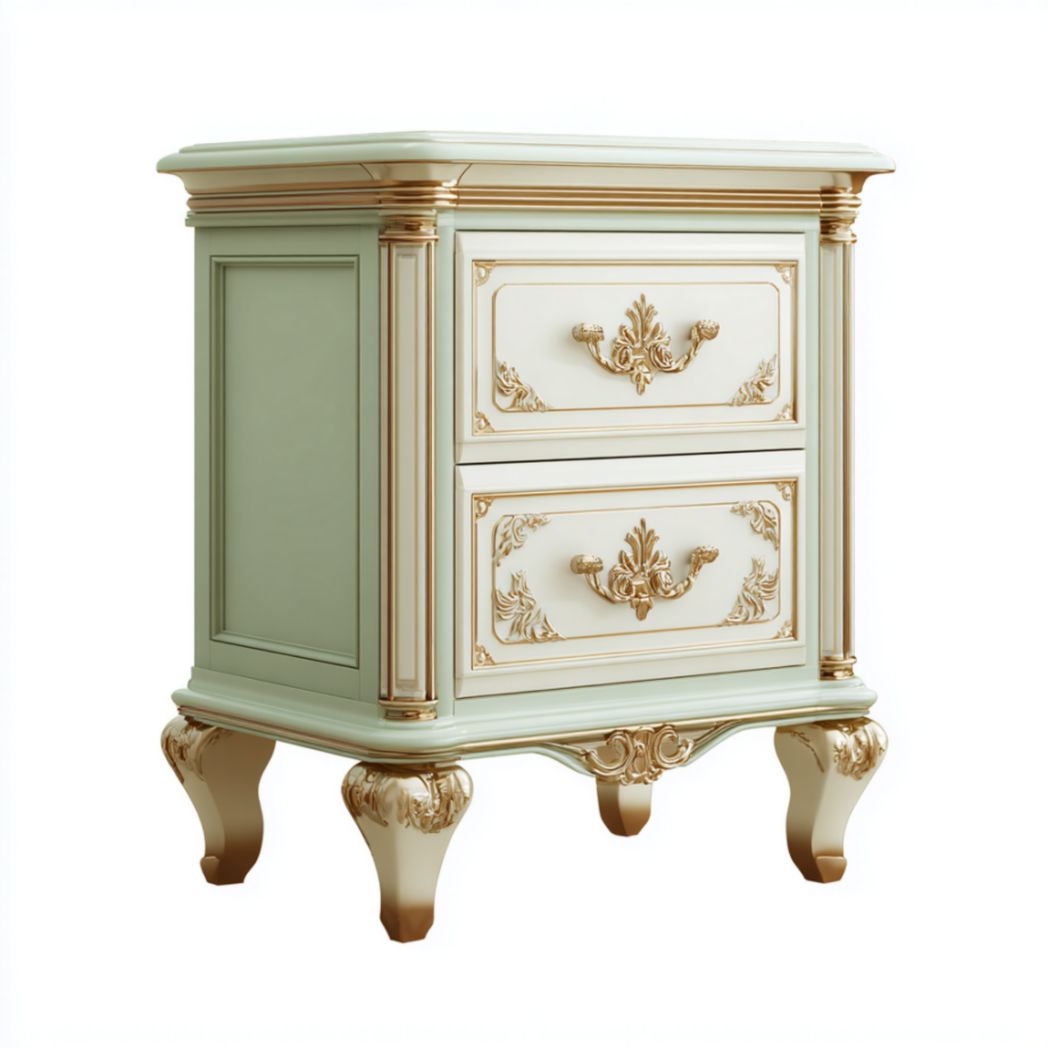 Table de chevet à deux tiroirs et détails gravés dorés.-Burningtreesft
