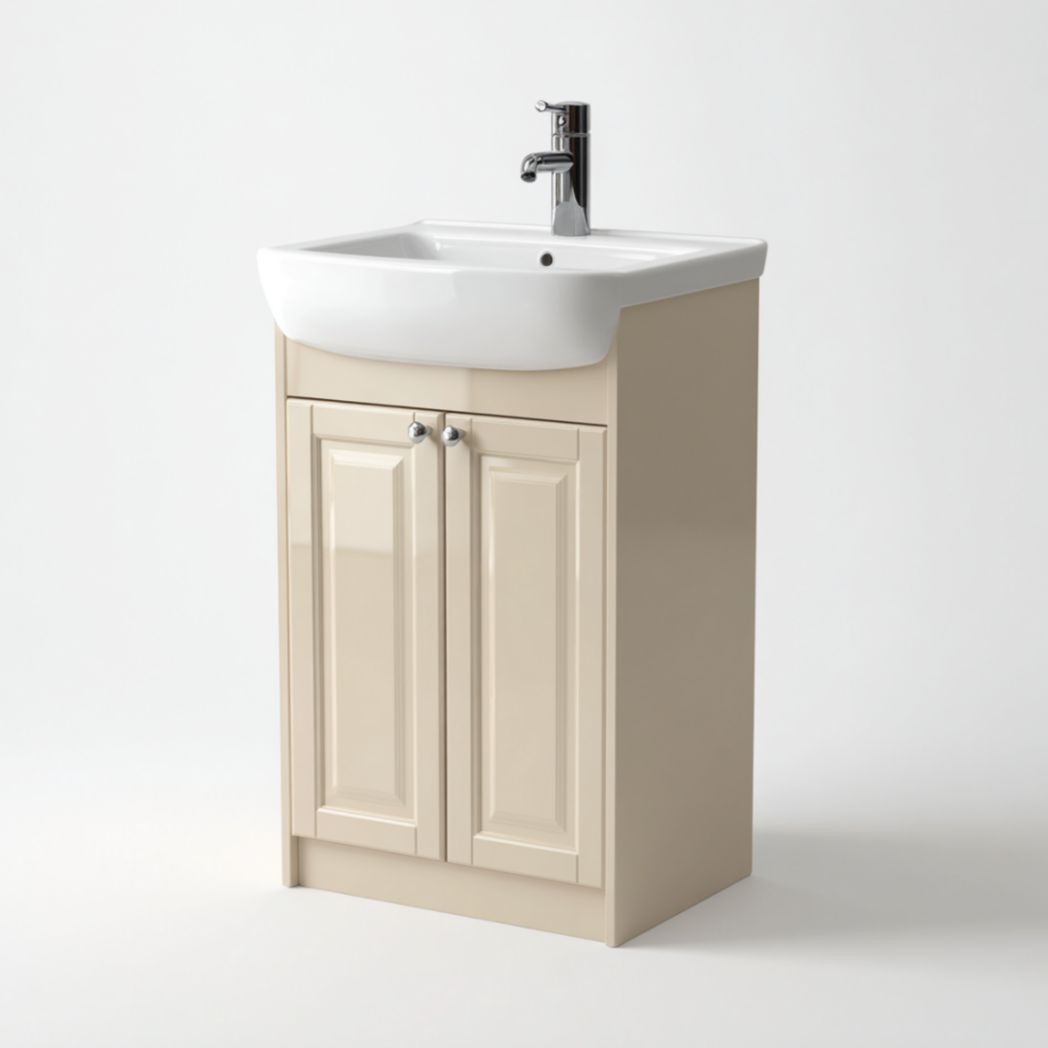 Meuble de Salle de Bain à 2 Portes en Bois de Bouleau avec Vasque en Céramique - Beige Brillant-Burningtreesft