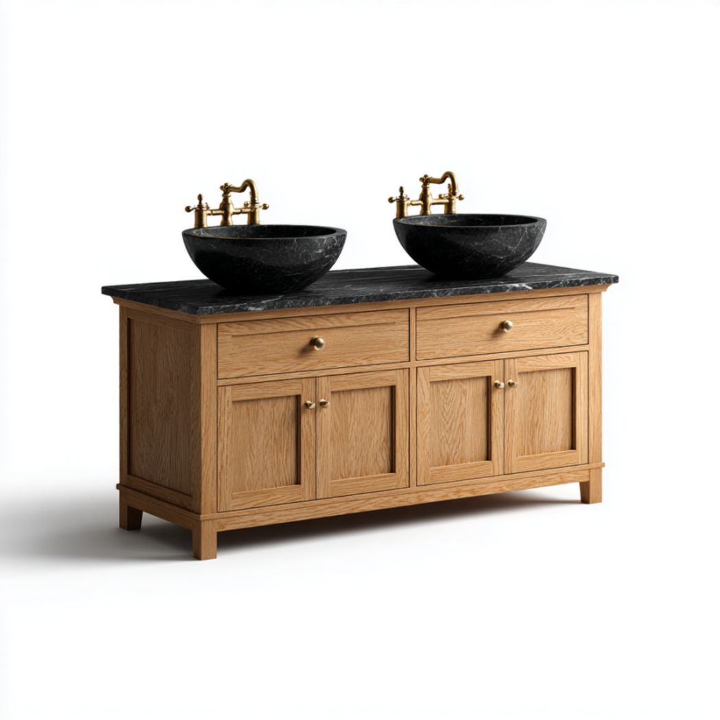 Meuble de Salle de Bain Double Vasque en Bois de Chêne avec Plateau en Granit - Naturel-Burningtreesft