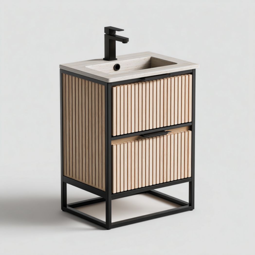 Meuble de Salle de Bain à 2 Tiroirs en Bois de Chêne et Acier - Naturel et Noir-Burningtreesft