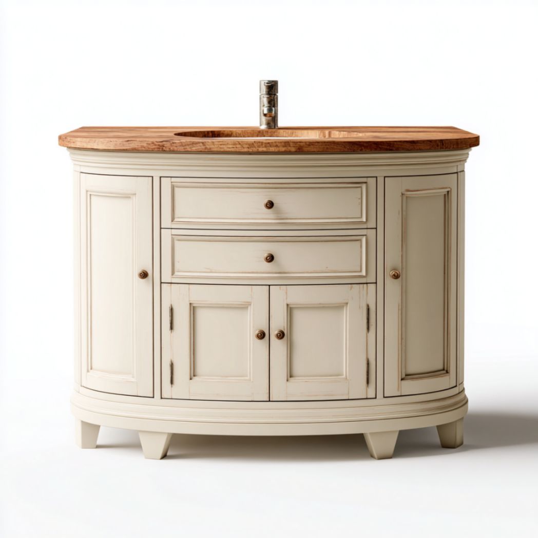 Meuble de Salle de Bain Arrondi en Bois de Bouleau avec Plateau en Bois d'Acacia - Blanc Cassé-Burningtreesft