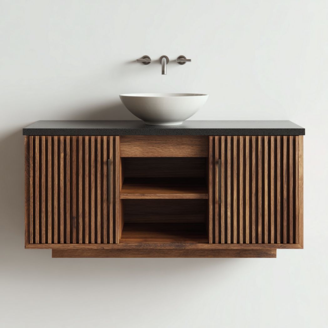 Meuble de Salle de Bain Suspendu à 2 Portes et Étagère en Bois de Chêne avec Vasque en Céramique - Marron-Burningtreesft