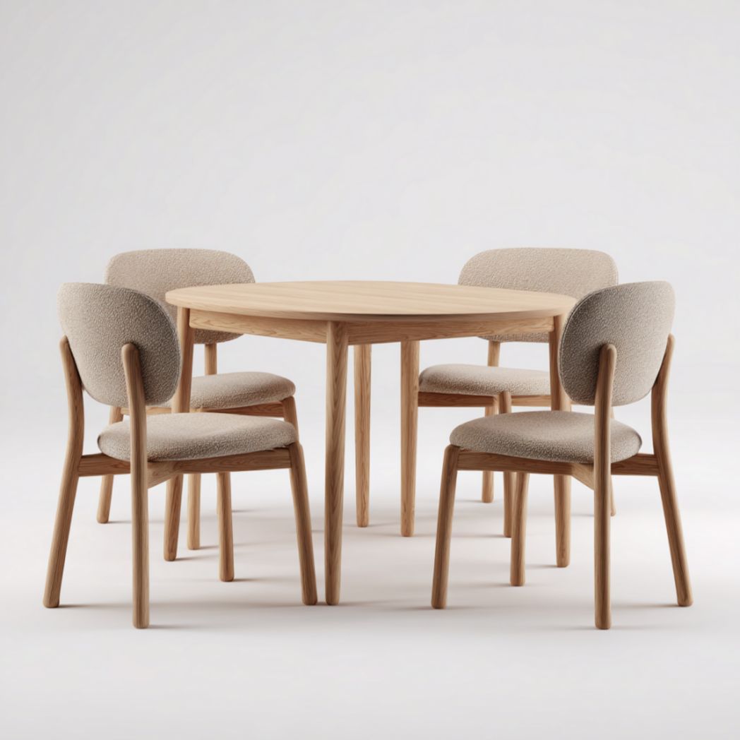 Ensemble de Table à Manger Ronde et 4 Chaises en Bois de Chêne et Tissu Bouclé-Burningtreesft