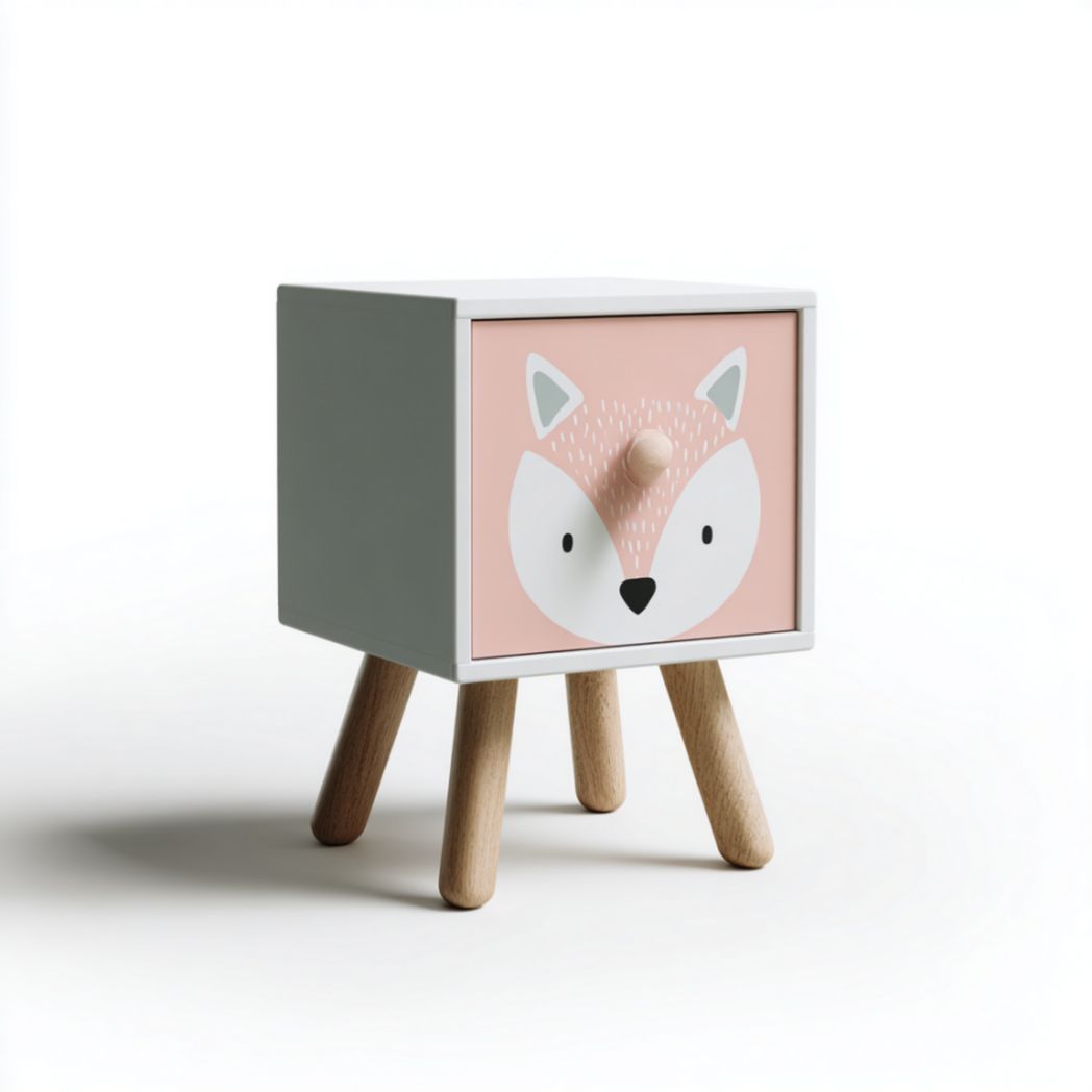 Table de Chevet pour Enfant avec Tiroir Motif Renard et Pieds Cylindriques en Bois de Pin-Burningtreesft
