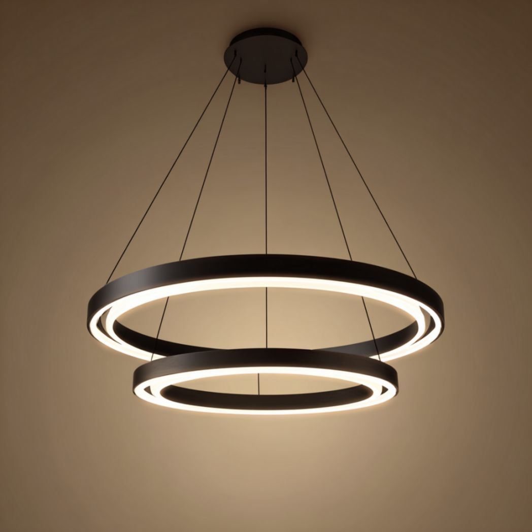 Suspension, design à double anneau en métal noir avec LED intégrées-Burningtreesft